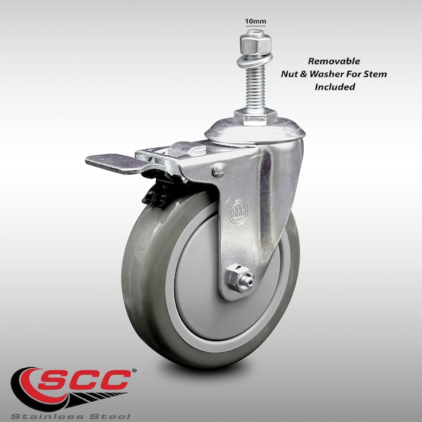 5 Inch SS Gray Polyurethane 10mm Threaded Stem Caster with Total Lock Brake